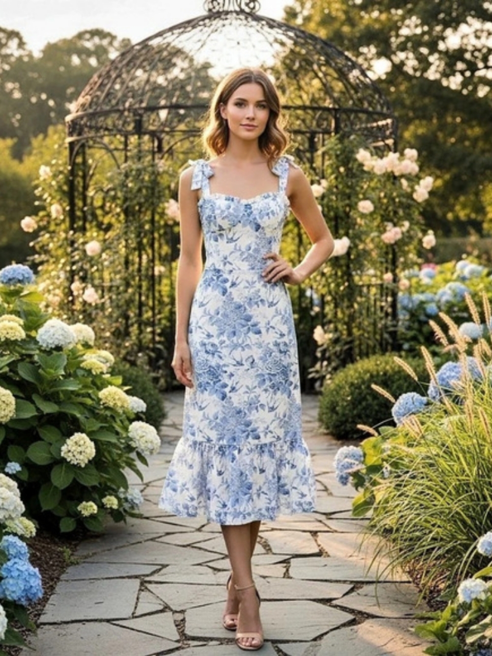 Reformation White and Blue Toile Tie-Strap Tiered Midi Dress